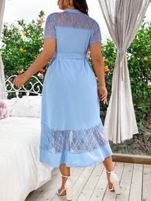 Celure Mujeres de talla grande vestido elegante sin mangas de encaje espeso con dobladillo alto-bajo para verano - Azul - Ver 2
