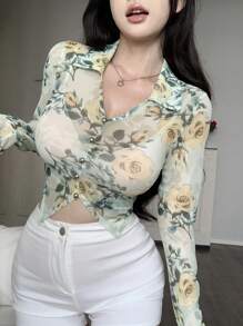 DAZY Women Floral Print Long Sleeve Cropped See-Through Top For Spring And Summer - Yellow - View 8