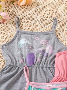 SHEIN Bộ áo liền quần có dây đeo spaghetti in hình nàng tiên cá thông thường dành cho cô gái trẻ 3 món cho mùa xuân hè - Nhiều màu - Xem 3