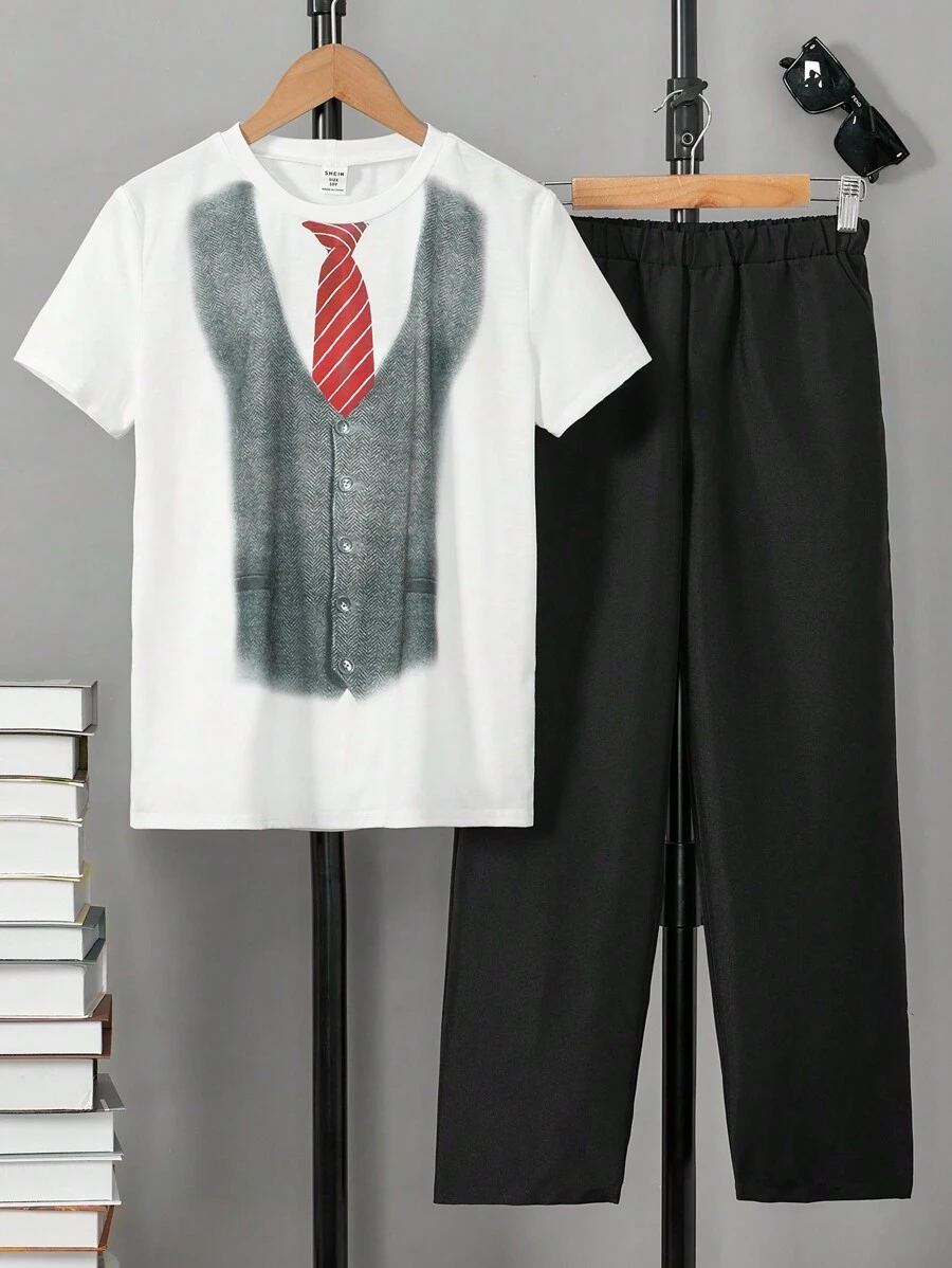 SHEIN Tween Boy Graphic Print Short Sleeve Tee And Pants Set - White - View 1
