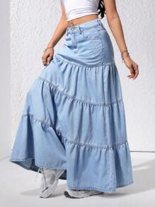 SHEIN EZwear 女士夏季牛仔裙配褶邊設計 - 藍色 - 查看 5