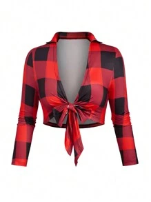 SHEIN Unity Bộ đồ hai mảnh gồm áo khoác kẻ caro cỡ lớn và váy dây chéo màu trơn cho nữ diện trong dịp năm mới, vải thu cho nữ - Đỏ - Xem 6
