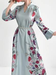 Al Najma Robe longue imprimée pour femme avec manches évasées et col cranté, ornée d'un motif floral, idéale pour le printemps et l'été. Robe longue modeste de style arabe, Robe casual à manches longues