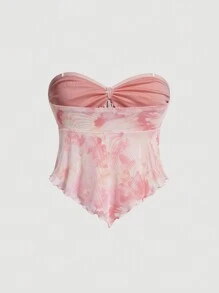 SHEIN MOD Pink Ombre Print Front Knot Elastic Mesh Women Bandeau Top
