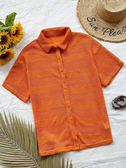 Soleia 女士夏季假日休閒橙色針織紋面單排釦短袖寬鬆下擺襯衫領t恤