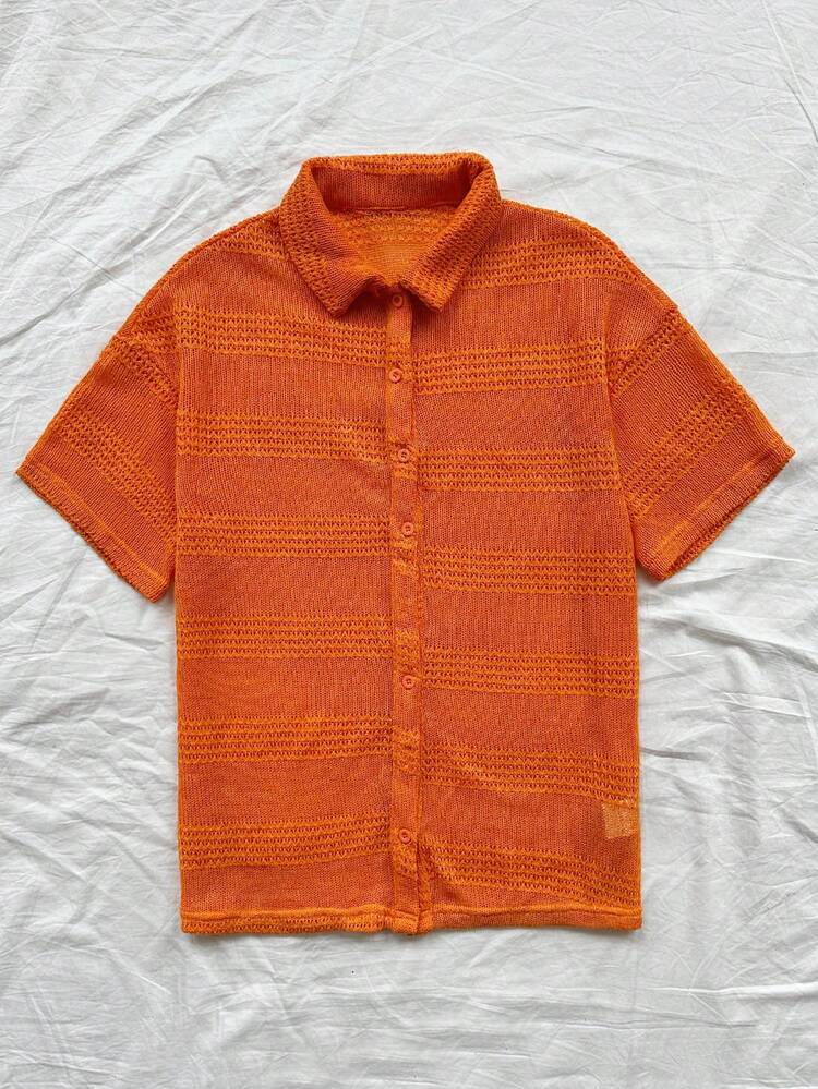Women's Summer Holiday Casual Orange Knit Texture Single-Breasted Short Sleeve Loose Turn-Down Collar T-Shirt