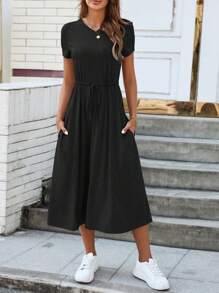 SHEIN LUNE Women V-Neck Drawstring Pleated Solid Color Casual Vacation Dress - Black - View 6