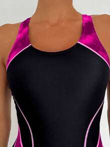 Swim SPRTY Đồ bơi một mảnh không tay Colorblock dành cho nữ đi biển mùa hè - Màu Hồng Tươi - Xem 5