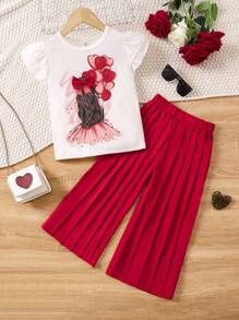 Young Girl Cap Sleeve Balloon Characters Print T-Shirt And Pleated Pants Set For Spring/Summer - Red - View 1