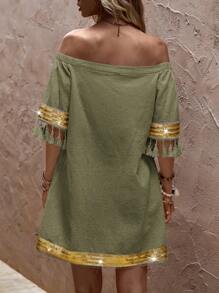 EMERY ROSE Letni casual Bez ramion Luźny krój Sukienki , Z Cekin , Frędzle I Grzywka Dekoracje