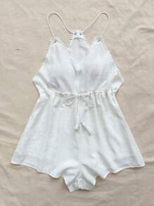Soleia Plus Size Casual Swiss Dot Print Drawstring Waist Romper For Summer - White - View 3