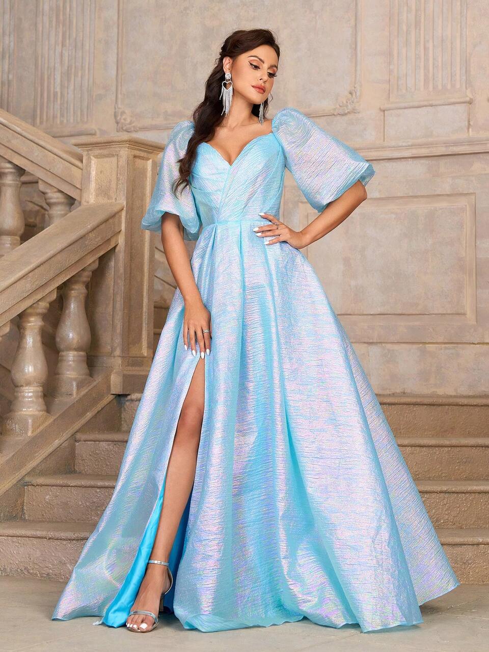 Women's Elegant High Waist Coated Fabric Evening Dress,Sweetheart Neck Cage Sleeves Slit Strappy Backless Gown For Event Dinner & Evening Parties