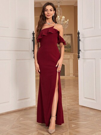 Women Asymmetrical Shoulder Dress With Ruffle Hem, Faux Pearl Chain Decoration, Slim Fit And Side Slit