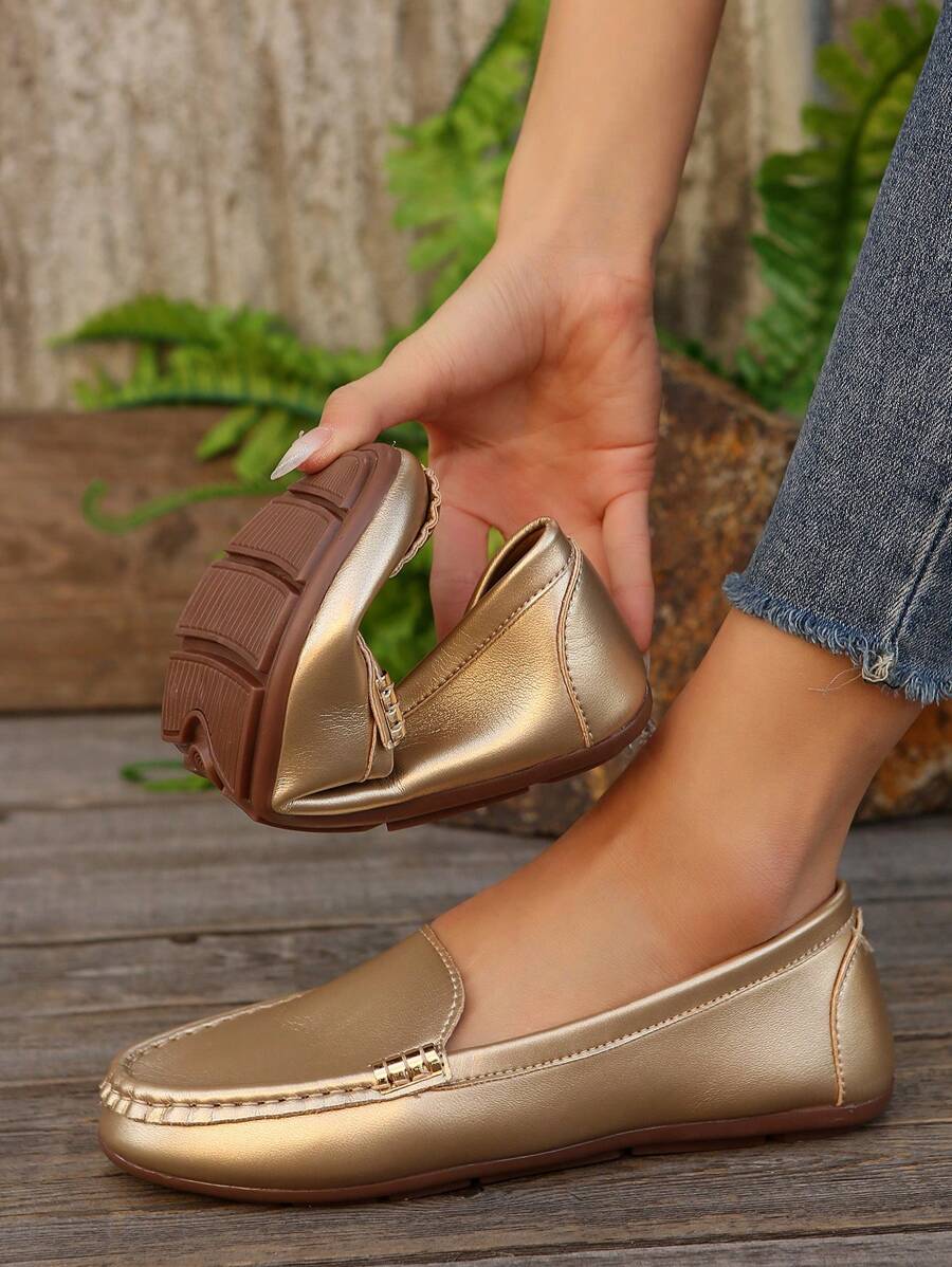 2025 Autumn Women Flat Bottom Loafers New Style Penny Shoes Women Low-Cut Driving Shoes Flat Bottom Mom Shoes Large Size Suede Leather Casual Shoes - Gold - View 1
