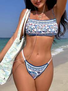 SHEIN Swim Plant Print Backless Tie Knot Bikini Set For Summer Beach Vacation - Multicolor - View 1