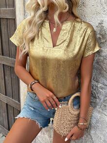 SHEIN LUNE NỮ Mùa hè Thoải mái Ngắn tay Áo sơ mi Với Đường viền cổ chữ V , Kết cấu kim loại Và tay cánh Thiết kế - Vàng - Xem 5