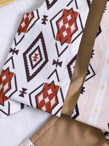 SHEIN 男童夏季幾何圖案開衫背心短褲套裝，附帽 - 卡其色 - 查看 5