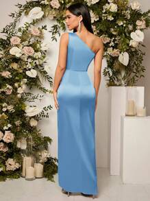 SHEIN Belle One-Shoulder Sleeveless Solid Color Twist Knot Split Bridesmaid Dress Formal Ball Gown For Women Elegant Prom Evening Wedding Guest Dress, For Graduation, Dinner - Blue - View 2