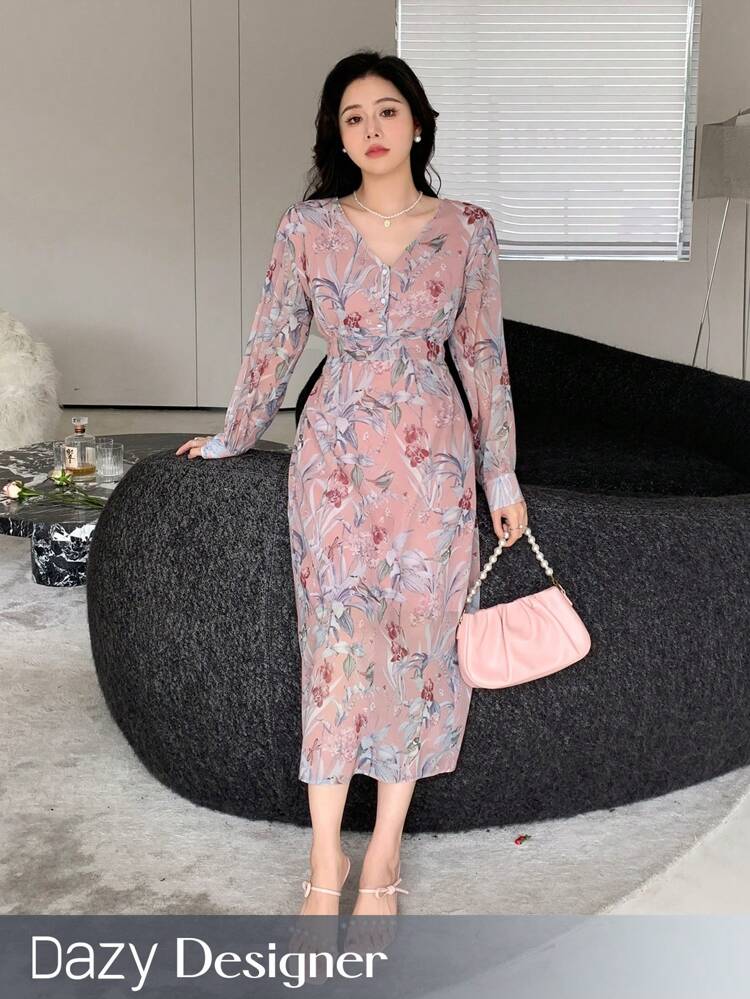 Women V Neck Full Printed Long Sleeve Dress,Ruffle,Fall Dress Floral