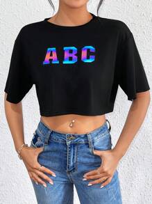 SHEIN Unity 女士時尚短袖T恤，印有ABC字母印花 - 黑色 - 查看 6