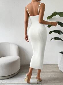 SHEIN Clasi Casual Women White Slim Fit Knitted Tank Top Dress - Beige - View 2