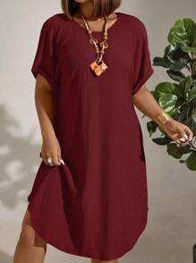 EMERY ROSE Plus Size Solid Color Batwing Sleeve Asymmetrical Hem Casual Summer Dress, Burgundy Color Women Outfit - Burgundy - View 1