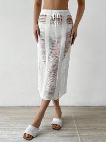 SHEIN Swim Women Summer Hollow Out Drawstring Waist Long Cover Up Skirt - White - View 6