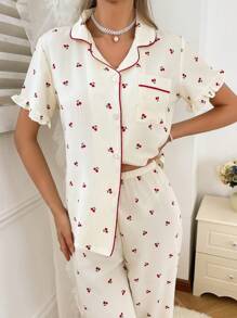 Zweifarbige Paspelierung Revers Kirschblüten Muster Damen Kurzarm Top Lange Hose Pyjama Set