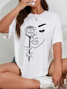 INAWLY Camiseta casual de manga corta con estampado de rostro abstracto y flor de cuello redondo para verano, camiseta gráfica tallas grandes para mujer
