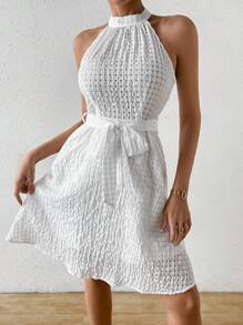 Breezaya 純色紋理馬蹄領夏季腰帶連衣裙