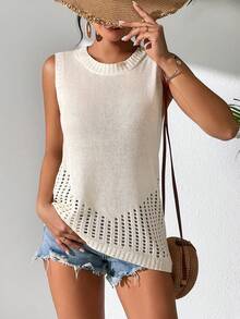 SHEIN VCAY Ladies" Solid Color Hollow Out Knitted Sleeveless Top For Summer - Apricot - View 6