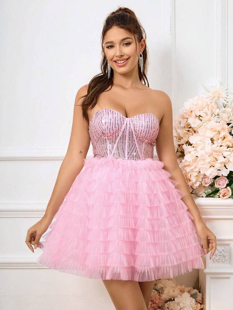 Ladies Pink Elegant Strapless Tulle Spliced A-Line Princess Cocktail Party Dress