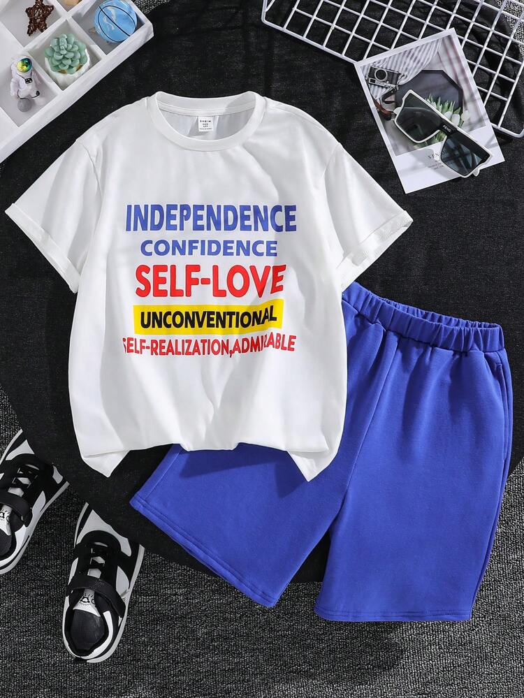 Tween Boys' Loose Fit Casual Round Neck Letter Printed Short Sleeve T-Shirt And Shorts Set