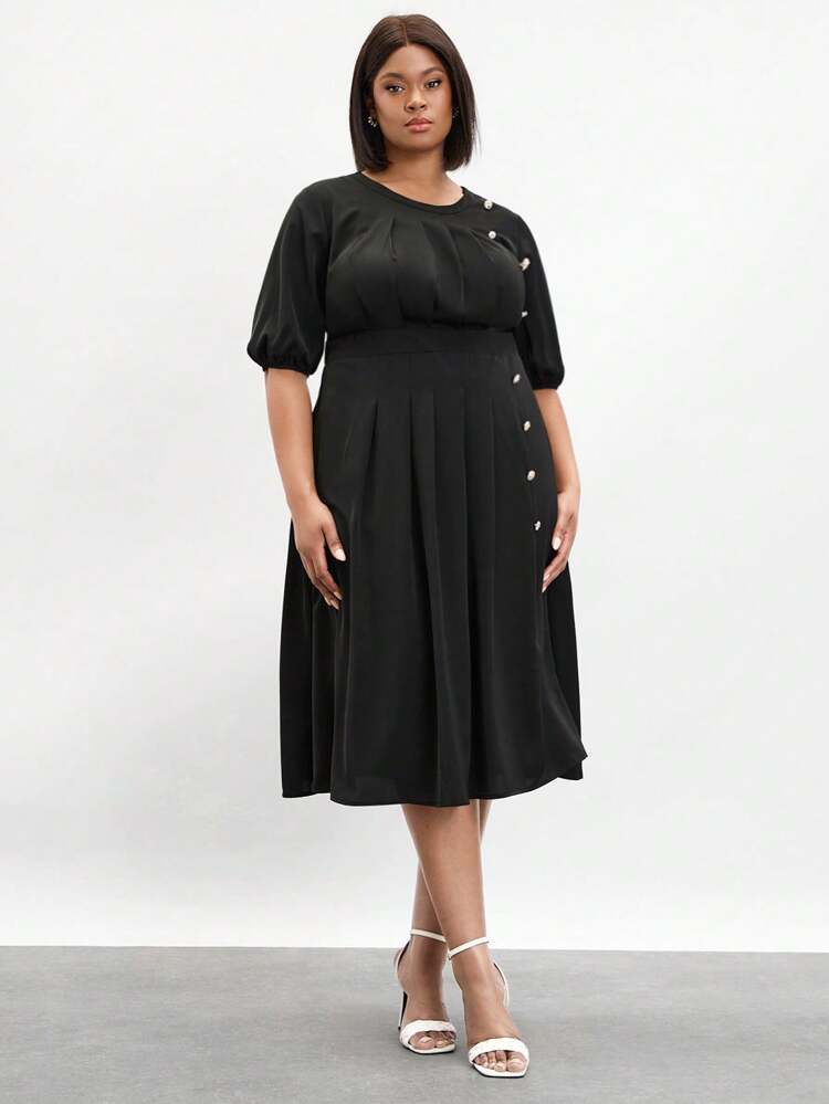 Plus Size Spring Summer Solid Color Elegant Pleated Decorative Button Dress