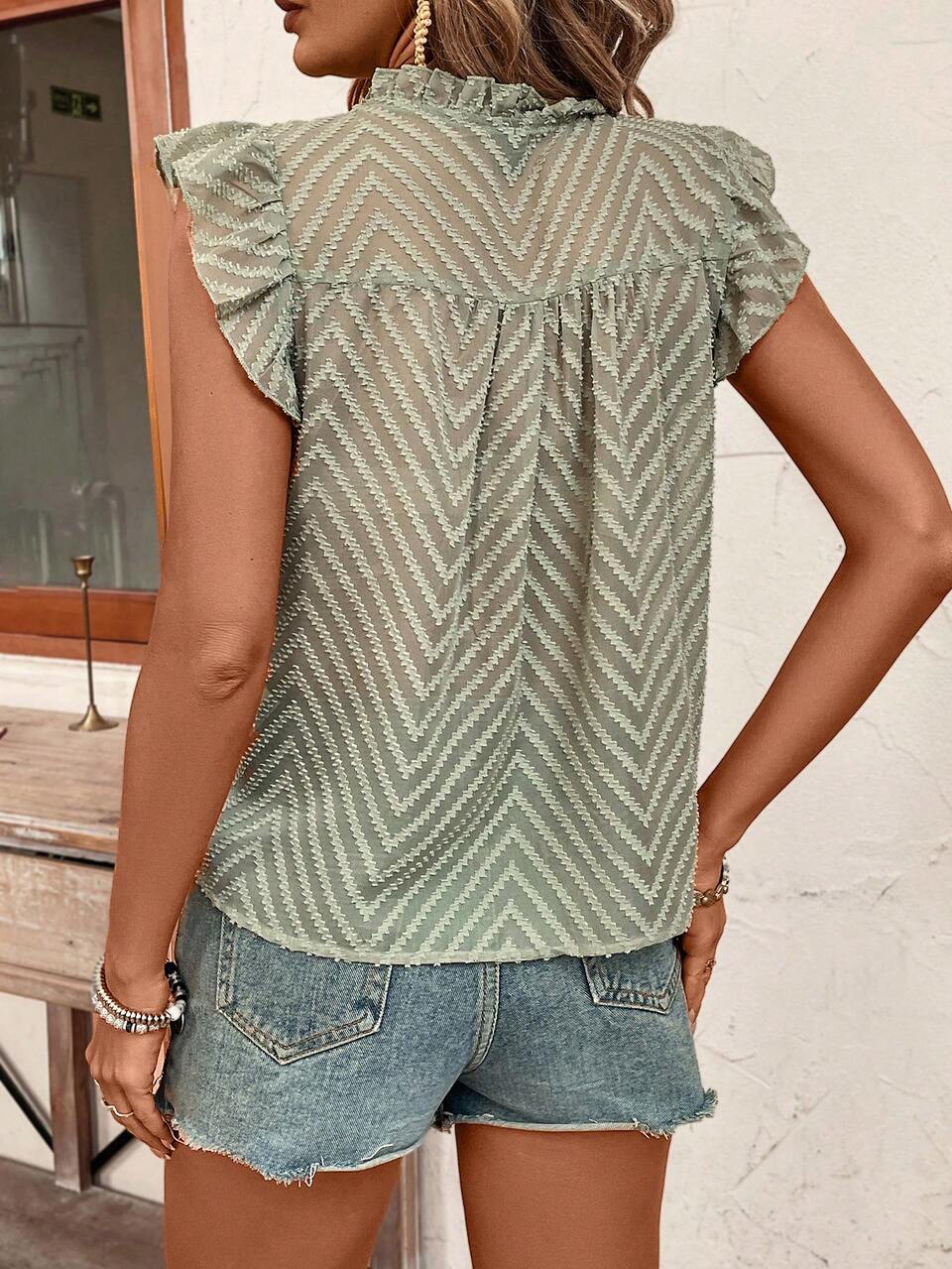 Women's Sage Green Chiffon Shirt,Summer Elegant Work Top,Missing Collar Cap Sleeve,Flowing Cut Flower Material,Decorative Wooden Buttons,Ruffle Sleeve