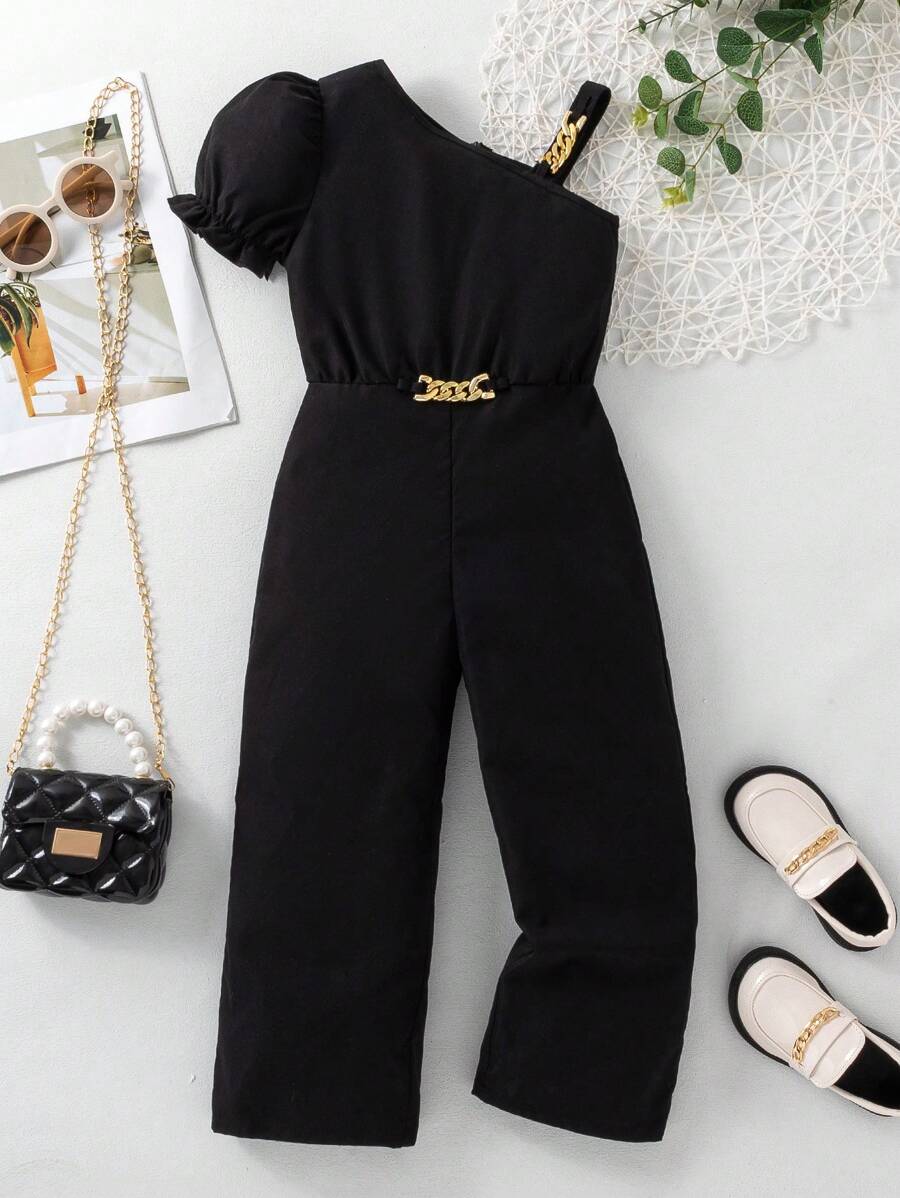 SHEIN 小女孩黑色優雅金屬腰帶連身褲，斜肩設計時尚，適合春夏季 - 黑色 - 查看 1