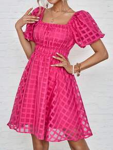 Summer Pink Plaid Mesh Puff Sleeve Dress - Hot Pink - View 6