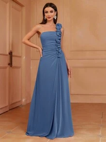 SHEIN Belle Asymmetrical Neck Ruffle Bridesmaid Dress Formal Ball Gown For Women, Elegant Prom Evening Wedding Guest Dress, For Graduation, Dinner Party Dress