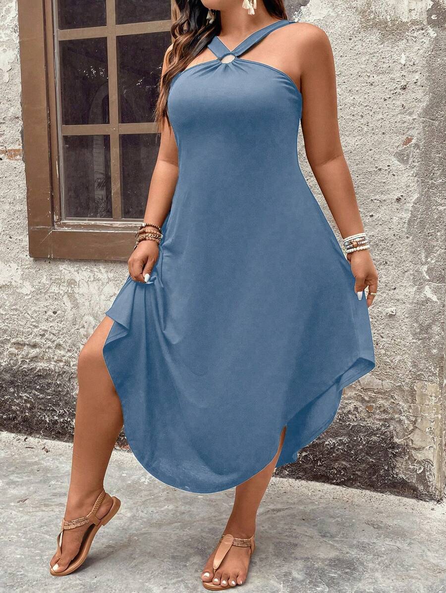 Solid Color Halter Neck Swing Dress With Curved Hem For Summer