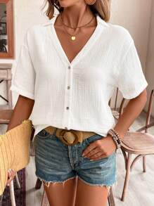 SHEIN Frenchy Áo sơ mi nữ tay ngắn cổ chữ V màu trơn - trắng - Xem 2