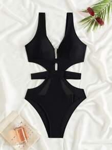 SHEIN Swim 夏季海滩镂空连体泳衣度假黑色泳衣性感连体泳衣 - 黑色 - 查看 4