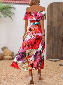 Breezaya Women Vacation Style Floral Print Off Shoulder Maxi Dress With Ruffle Hem And Side Slit Vacation Beach Outfit - Multicolor - View 2