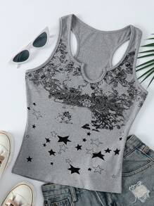 INAWLY Kobiety Modny Ząbkowany Dekolt w kształcie litery V Kwiat wiśni Tank Top