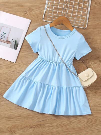 SHEIN Young Girl Solid Color Round Neck Ruffle Hem Short Sleeve Casual Dress For Summer