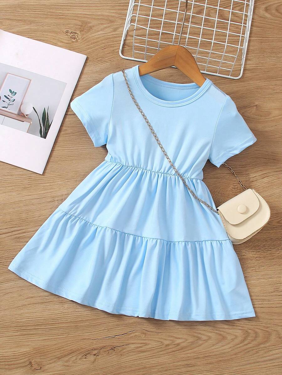 SHEIN Young Girl Solid Color Round Neck Ruffle Hem Short Sleeve Casual Dress For Summer - Blue - View 1