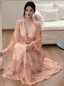 DAZY 女士V领印花灯笼袖连衣裙，荷叶边，秋季长袖连衣裙，复活节 - 珊瑚橙 - 查看 3