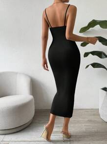 SHEIN Clasi Solid Color Slim Fit Casual Knit Sweater Dress With Spaghetti Straps - Black - View 2