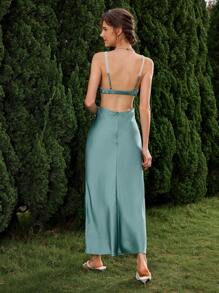 GENKIRA Solid Color Backless Spaghetti Strap Women's Dress - Mint Green - View 2