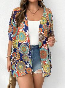 SHEIN LUNE Plus Size Women Fashionable National Floral Chiffon Printed Kimono Summer - Multicolor - View 4