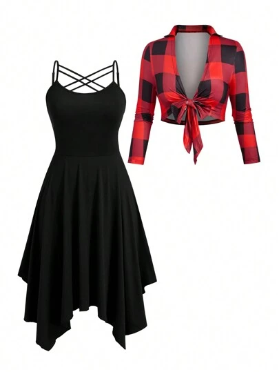 SHEIN Unity Christmas Plus Size Women Plaid Jacket And Solid Color Criss-Cross Strap Dress Two-Piece Set For New Year Clothes Fall Cloth For Women